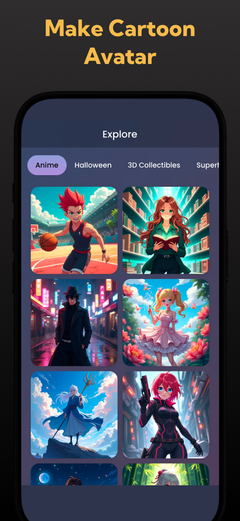 App-Oberfläche, die eine Galerie von KI-generierten Anime-Avataren im Explore-Bereich zeigt