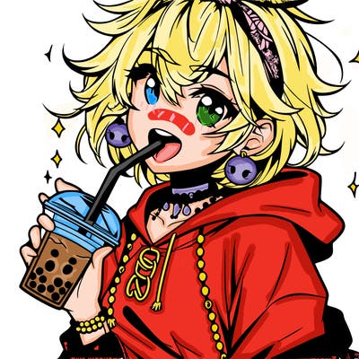hot baddie anime girl drinking boba and biting the straw