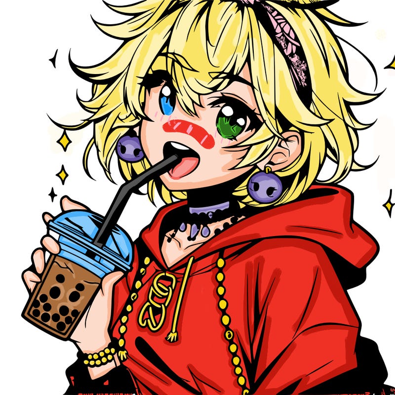 hot baddie anime girl drinking boba and biting the straw