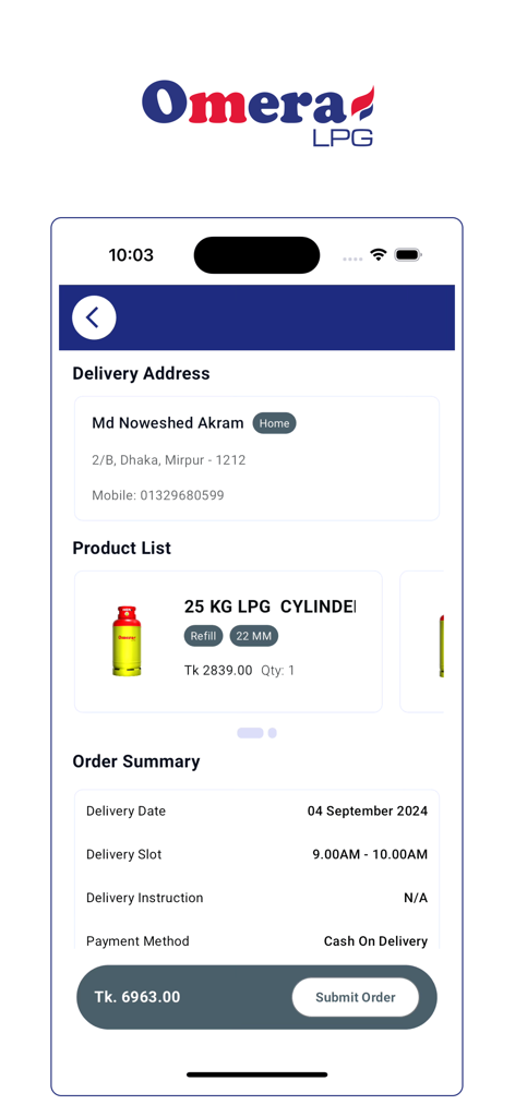 LPG Solutions - Screenshot of the Omera LPG app order summary page featuring delivery details and gas cylinder selection