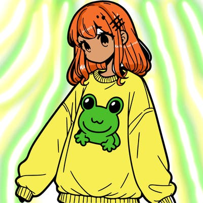 girl wearing frogging sweatshirt