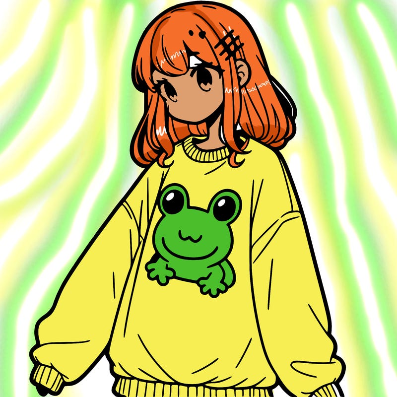 girl wearing frogging sweatshirt