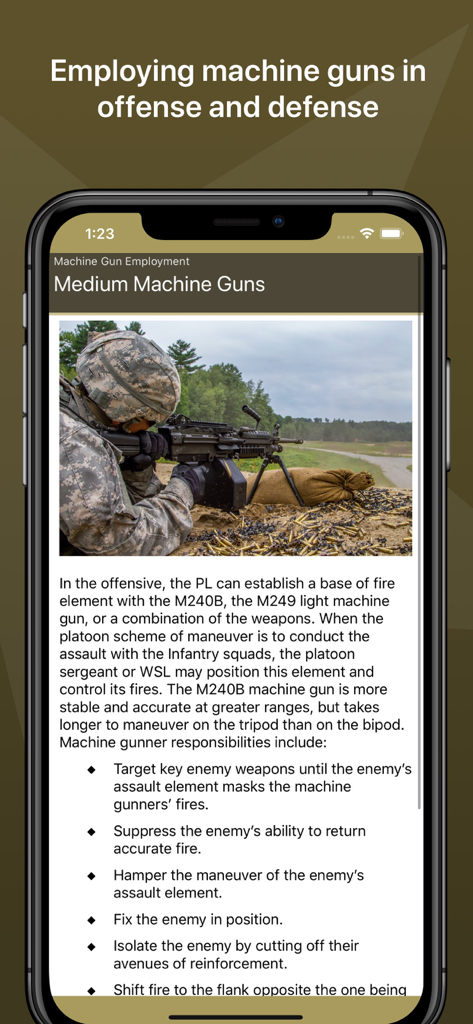 Army Ranger Handbook app screen showing tactical instructions for employing medium machine guns in offense and defense