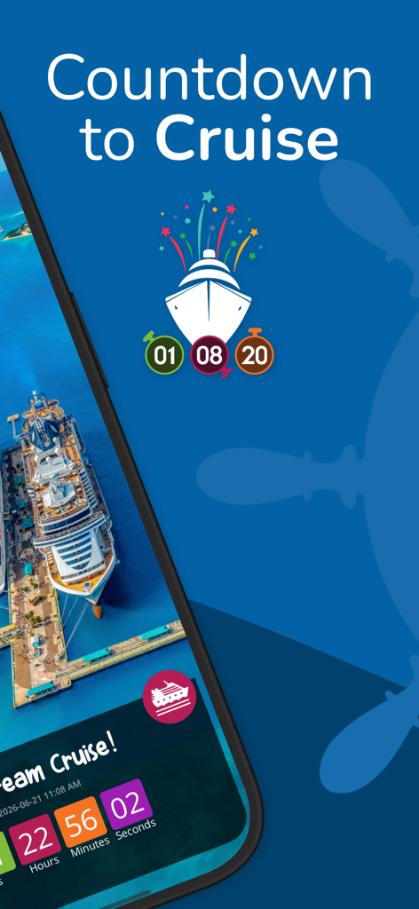Cruise & Travel Countdown - User interface of the Cruise and Travel Countdown app showing a vacation timer with a cruise ship icon and harbor background.