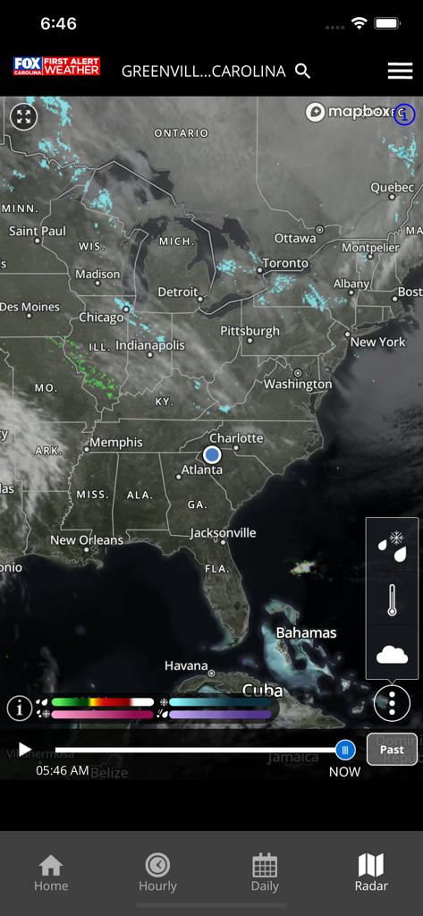 FOX Carolina First Alert Wx - Interactive radar map display in the FOX Carolina First Alert Weather app showing the Eastern United States