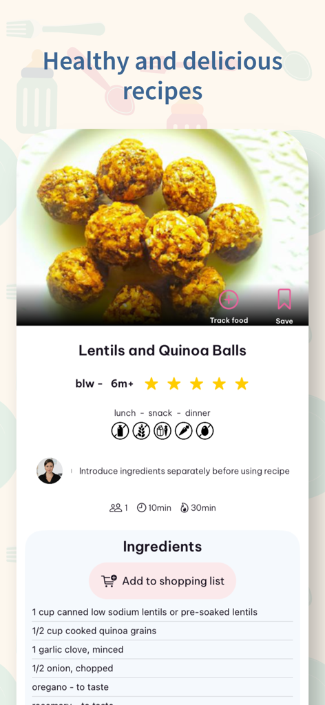 Une page de recette pour l'alimentation autonome (DME) proposant des boulettes de lentilles et de quinoa pour les nourrissons de six mois et plus.