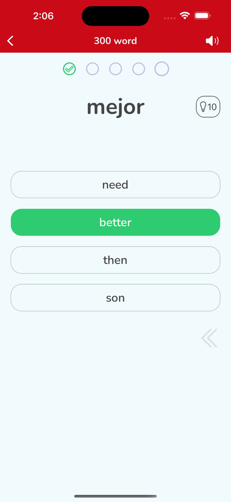 Learn Spanish: How to Speak - Interfaz de cuestionario de vocabulario en español mostrando la palabra mejor con la respuesta correcta 'better' seleccionada y puntos de seguimiento del progreso
