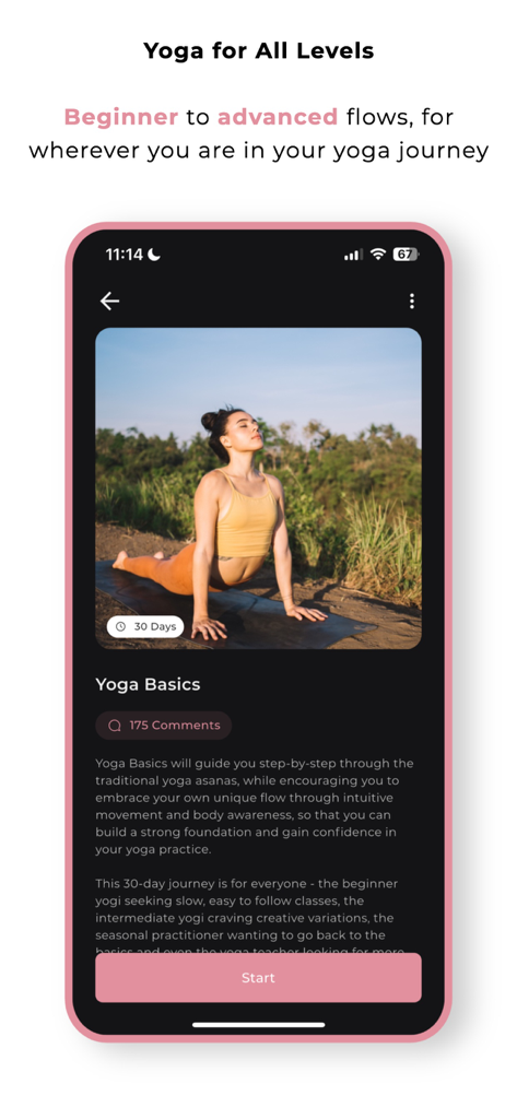 Jess Yoga app screen showing a Yoga Basics thirty day course with a woman performing a cobra pose outdoors.