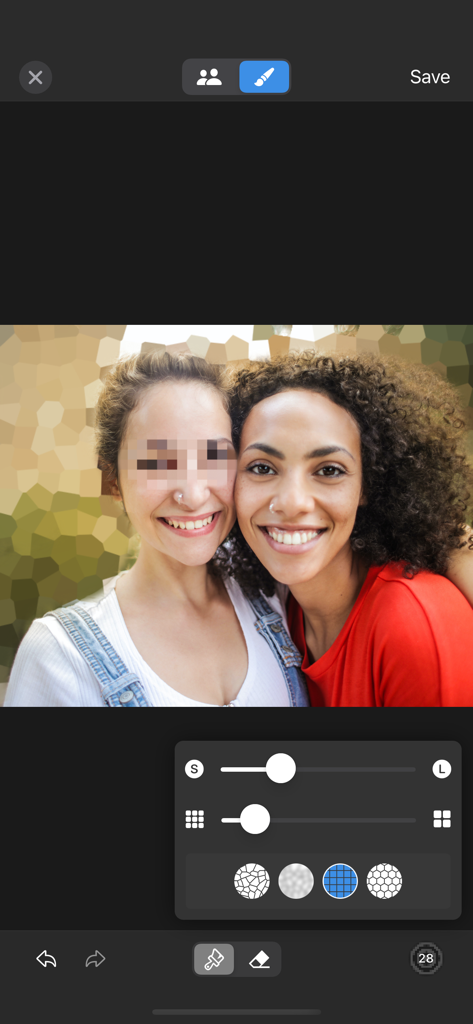 BlurFace - The BlurFace app interface showing a photo with a pixelated face and crystallized background.