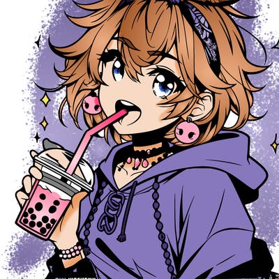 hot baddie anime girl drinking boba and biting the straw