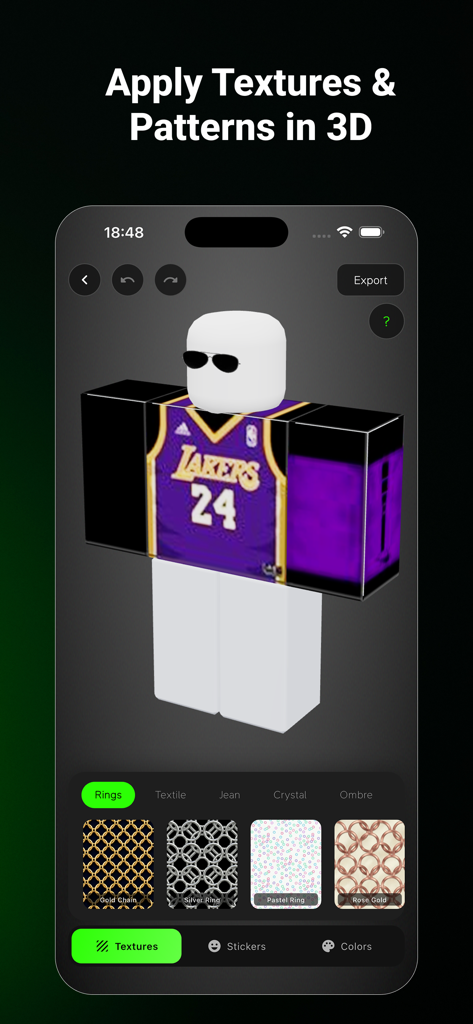 Avatar Clothes Skins Maker - 3D avatar editor interface showing a custom jersey and texture selection menu