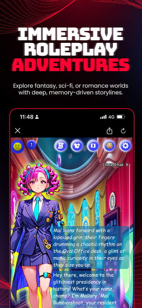SimZ: Chat with AI Characters - Captura de pantalla de un personaje IA estilo anime llamado Mallory en una aventura de rol en el chat dentro de la aplicación SimZ.