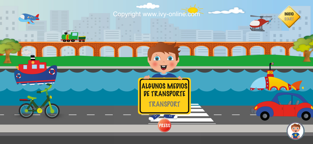 Ivy Transportation - Main menu of Ivy Transportation app featuring a cartoon character and colorful vehicles for bilingual English and Spanish learning.