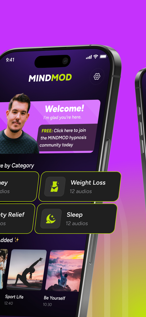 MINDMOD: Hypnosis & Meditation - Pantalla de inicio de la aplicación MINDMOD que muestra categorías de hipnosis para pérdida de peso y sueño