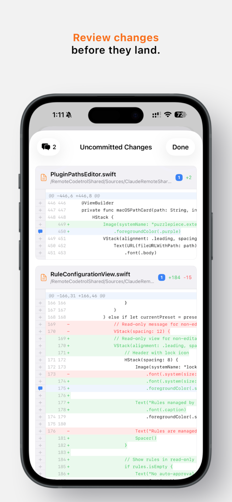 Remote Codetrol - Mobile interface of Remote Codetrol app showing a code diff review for uncommitted Swift changes