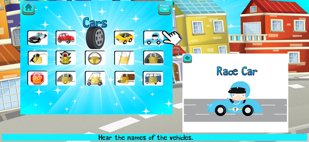Things That Go! Vehicle Games - Interactive menu showing different car flashcards and a race car in a toddler educational game