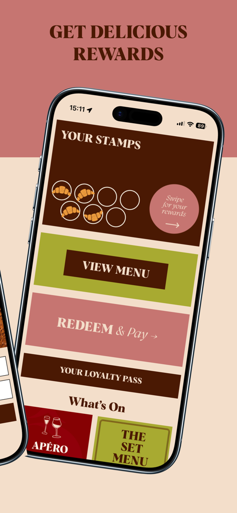 Côte Brasserie - Cote Brasserie mobile app interface showing loyalty stamps and digital reward redemption buttons