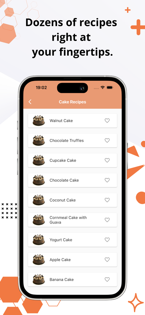 Cake and Dessert Recipes - A mobile phone screen showing a list of various cake recipes like walnut chocolate and coconut cake