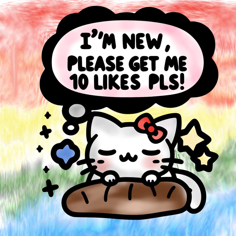 kitty taking a nap dream talking and saying "i'm new, please get me at least 10 likes pls!!"