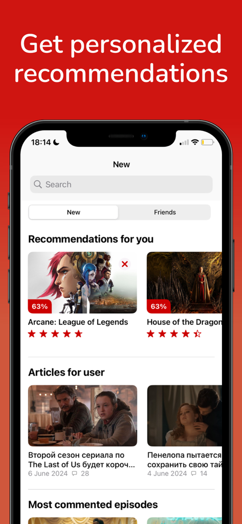 MyShows - Track Shows & Films - MyShows app interface showing personalized TV show recommendations and news articles for the user