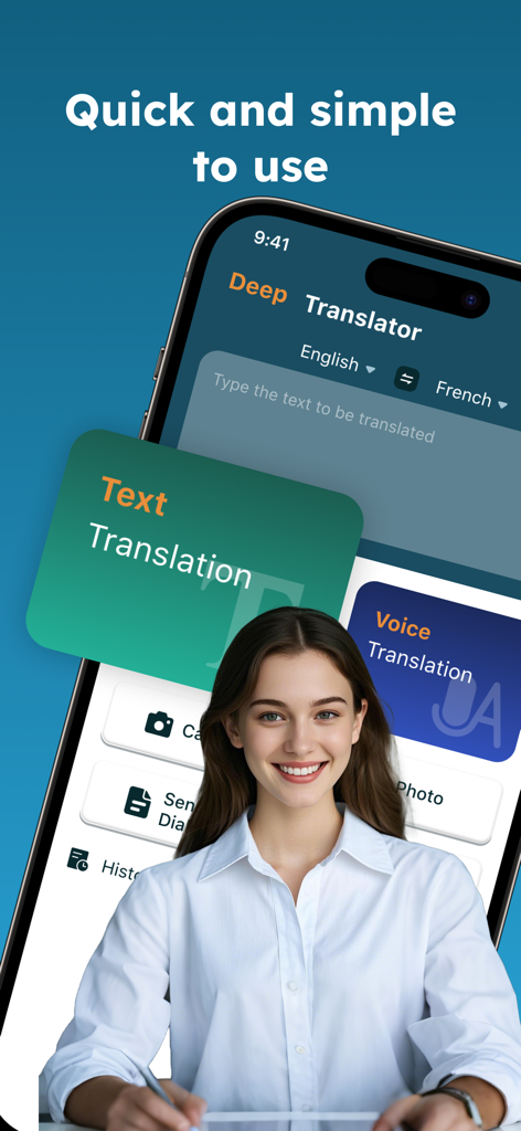 Translate Lion mobile app interface showing text and voice translation features with a smiling woman