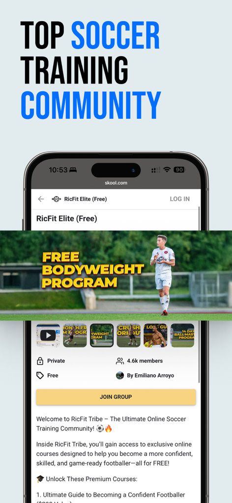 Screenshot of the RicFit app showing the soccer training community page with a free bodyweight program and join group button.