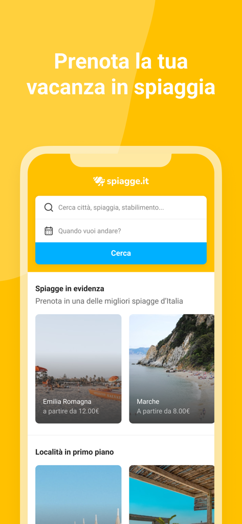 Spiagge.it - Booking spiaggia - Interfaccia dell'app Spiagge.it per la prenotazione di posti in spiaggia in Italia con barra di ricerca e suggerimenti regionali.