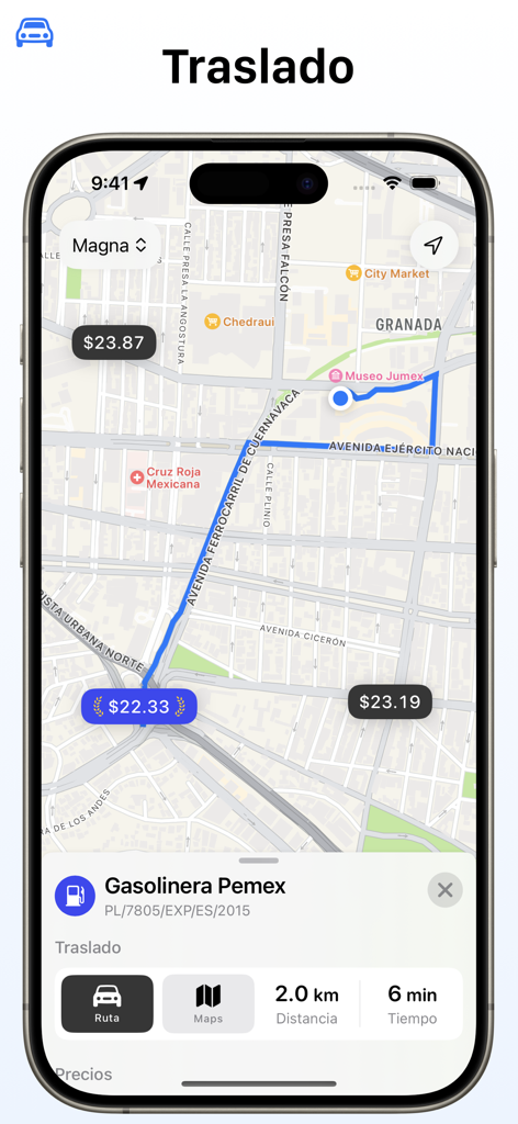 GasClub - Precios de Gasolina - GasClub mobile app screenshot showing a navigation route to a Pemex gas station on a map with current fuel prices.