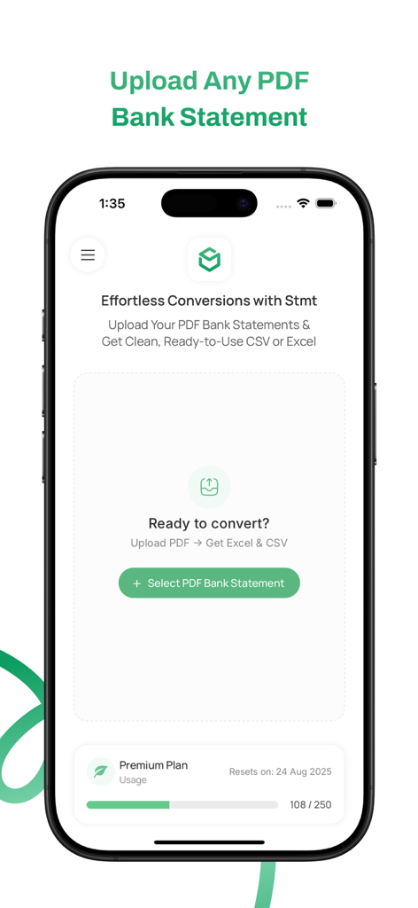 Stmtアプリのスマートフォン画面で、銀行明細書をCSVまたはExcelに変換するためのアップロードインターフェースが表示されています