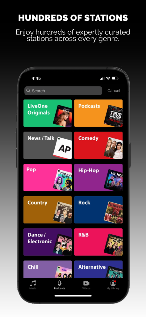 LiveOne Music - Mobile screen of LiveOne Music app displaying various curated stations and music genres
