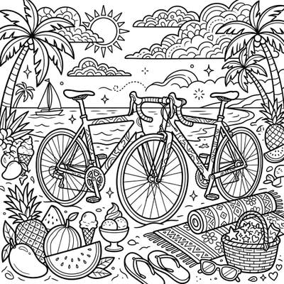Hit the road and the beach with this exciting coloring page featuring two sleek road bikes enjoying a perfect summer day. Dive into a scene bursting with sunny elements and tropical treats, ready for your creative touch.