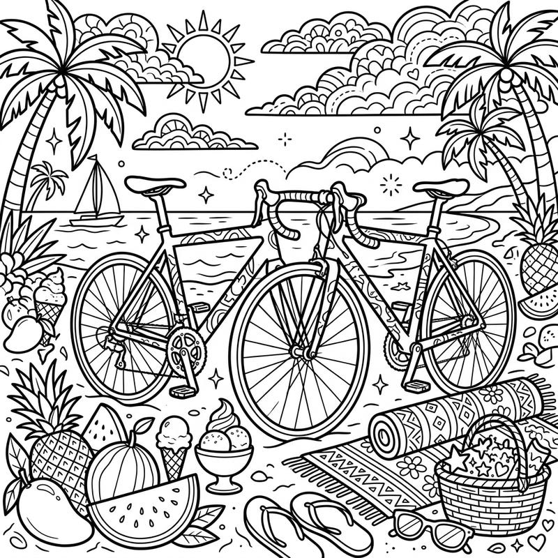 Hit the road and the beach with this exciting coloring page featuring two sleek road bikes enjoying a perfect summer day. Dive into a scene bursting with sunny elements and tropical treats, ready for your creative touch.