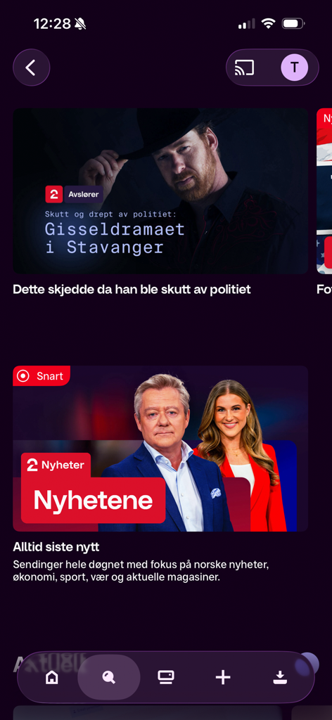 TV 2 Play - TV 2 Play app interface showing Norwegian news and documentary programming on a mobile device