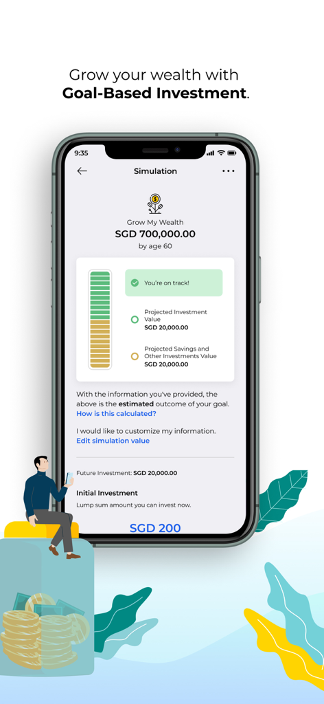 Pantalla de la aplicación Maybank2u SG para simulación de patrimonio de Inversión Basada en Objetivos