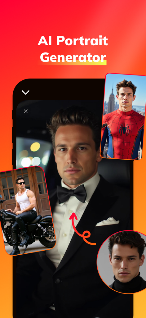 Morphio AI: Video Generator - App interface showcasing AI generated portraits in different styles like formal tuxedo and superhero costume