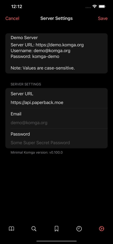 Paperback - Comic/Manga Reader - Paperback manga reader app server settings screen for Komga connection