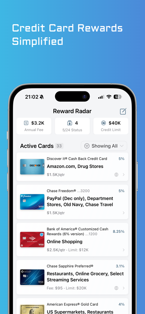 RewardRadar: Credit Cards - RewardRadar app showing a list of active credit cards with their current reward categories and cash back percentages.