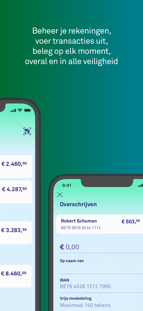 Triodos Banking BE - Interfaz de la aplicación móvil Triodos Banking BE que muestra saldos de cuentas y una pantalla de transferencia en dos iPhones