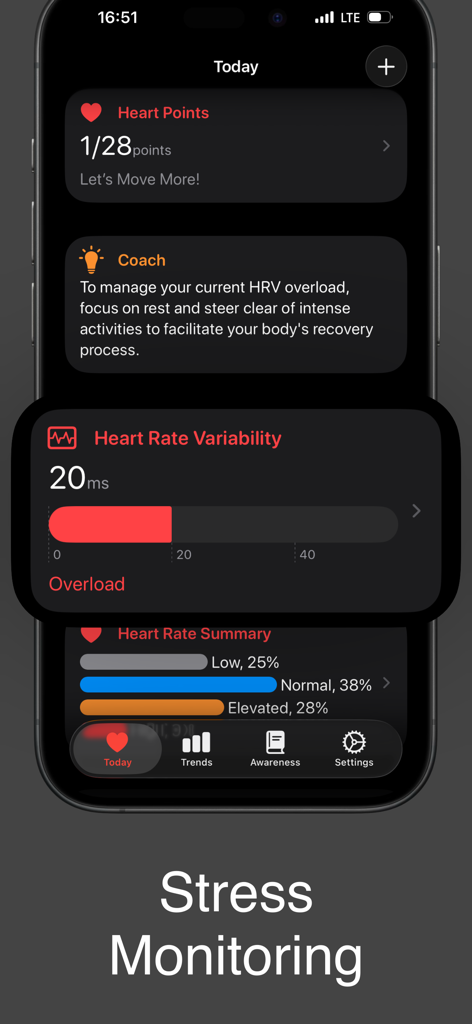 CardioBot app dashboard displaying heart rate variability analysis and stress monitoring coaching