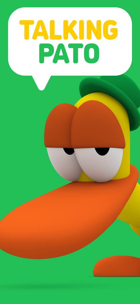 Talking Pocoyó: My Friend Pato - Primer plano de Pato de Pato Hablador de Pocoyó con un bocadillo de diálogo que dice Pato Hablador sobre un fondo verde