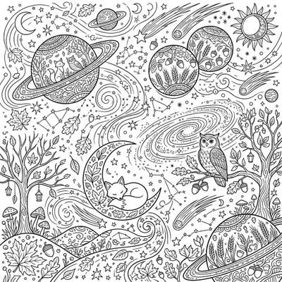 This coloring page beautifully merges the wonders of the cosmos with the cozy charm of autumn. Discover celestial bodies adorned with fall foliage, sleepy woodland creatures, and swirling galaxies awaiting your creative touch.