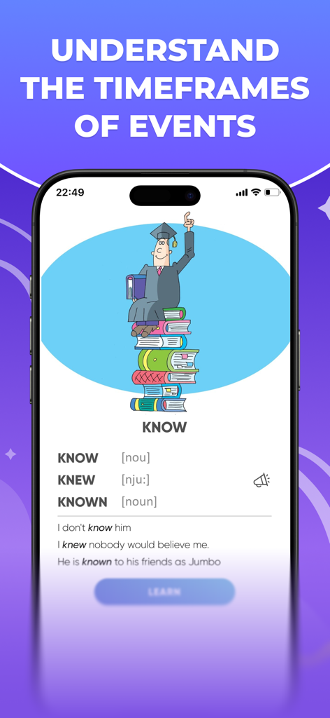 IVERBS Irregular Verbs English - App interface showing the irregular verb know with its past forms and example sentences