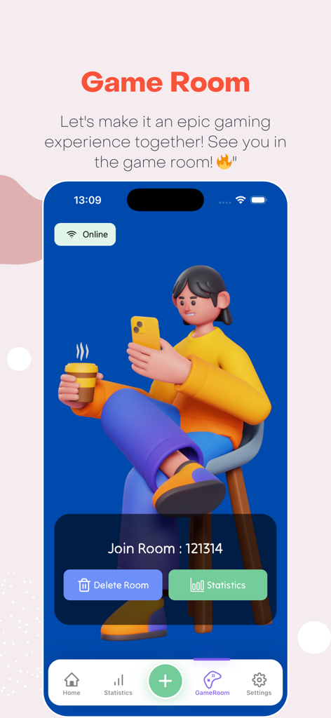 Phase 10 Scoreboard - Join room screen in Phase 10 Scoreboard app with 3D character and session code