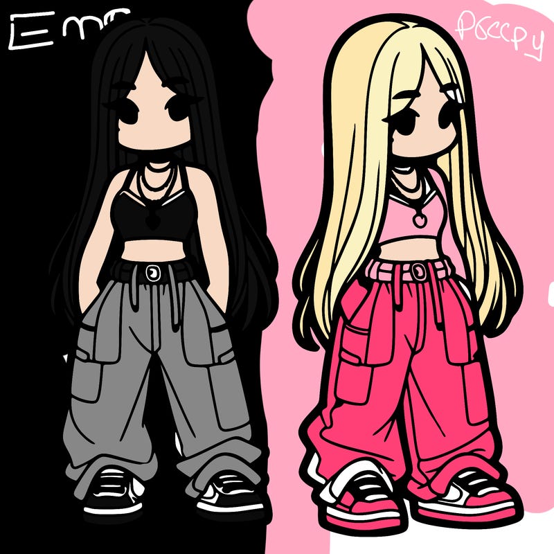 girl in baggy pants crop top and long hair