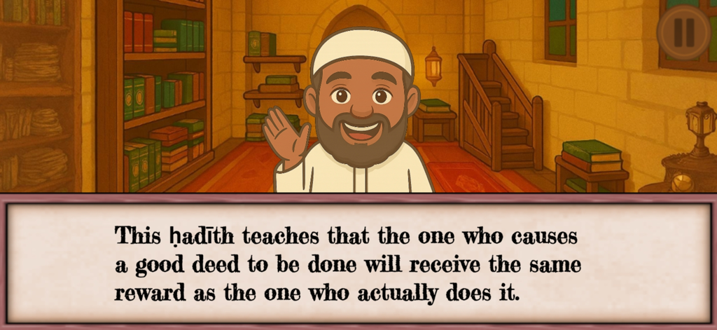 Hamza's Journey - A friendly scholar character in Hamza's Journey sharing a religious lesson about good deeds