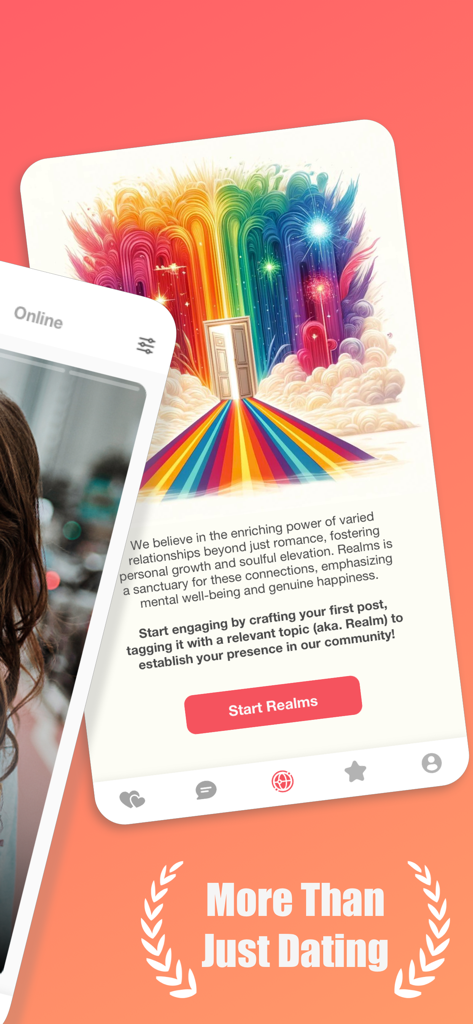 Mingle2 - Dating & Meet People - 의미 있는 연결과 커뮤니티 참여를 위한 Realms 기능이 표시된 Mingle2 모바일 앱 인터페이스