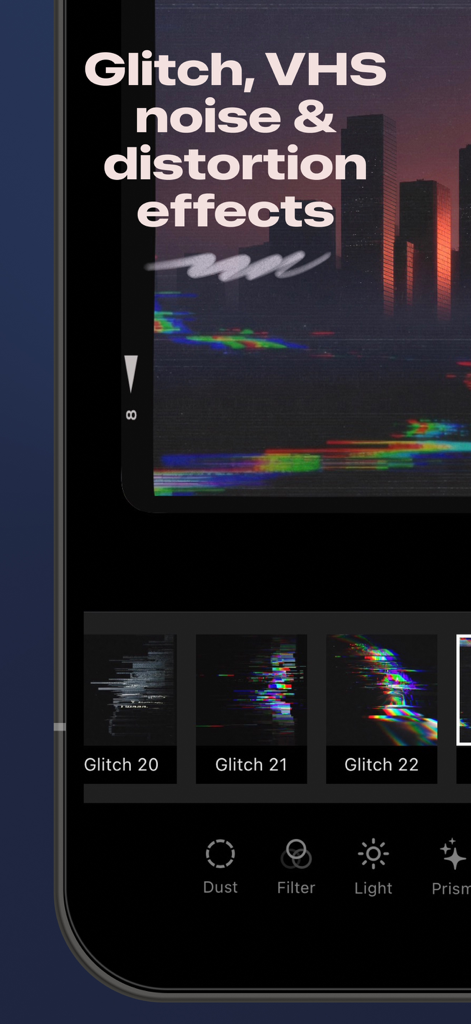 LUCH: Photo Effects & Filters - Interface do aplicativo LUCH mostrando efeitos de foto de distorção glitch e VHS