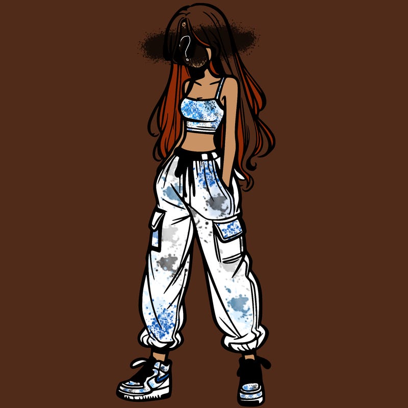 girl in baggy pants crop top and long hair