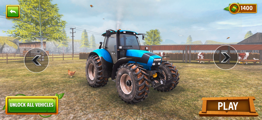 Farming Simulator - 24 - A blue modern tractor on a farm with cattle in the background and a play button
