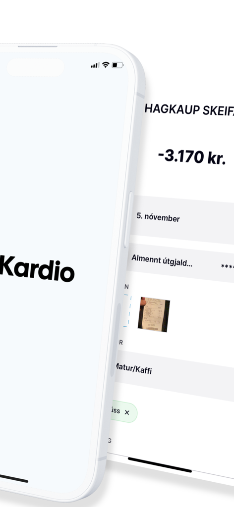 Teléfono inteligente que muestra el logo de la aplicación Kardio y una pantalla de historial de transacciones con una foto de recibo adjunta